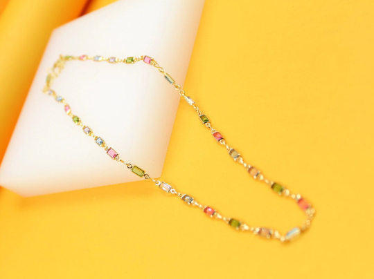 18k Gold Filled MultiColor CZ Stone Charms Necklace