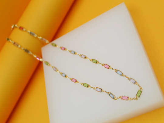 18k Gold Filled MultiColor CZ Stone Charms Necklace