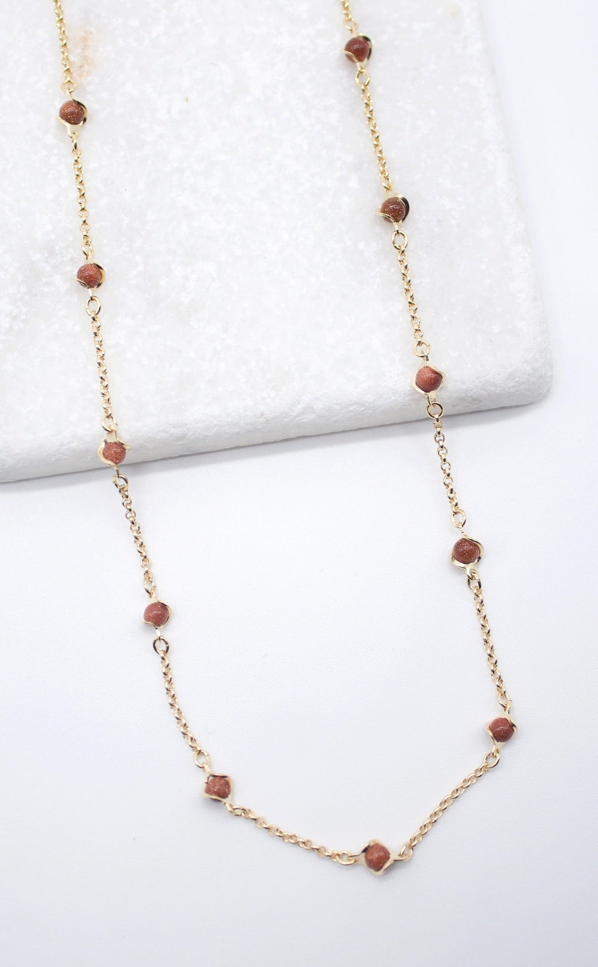 18K Gold Filled 5mm Designed Brown aventurine Bead Necklace
