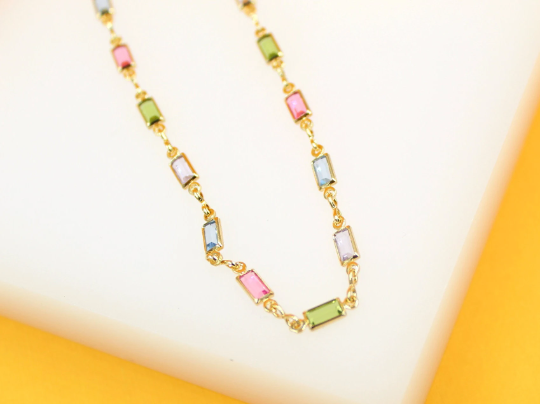 18k Gold Filled MultiColor CZ Stone Charms Necklace