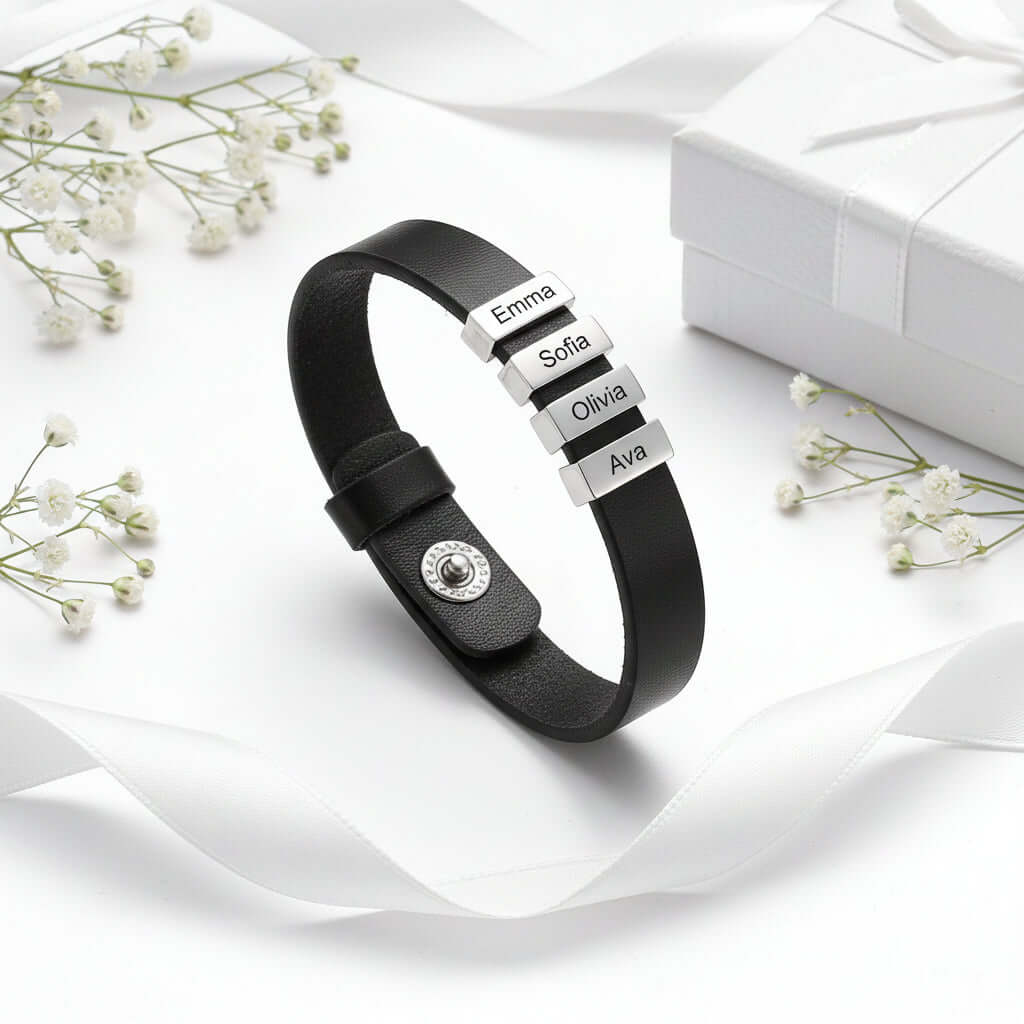 Personalized men's family name bracelet –Leather Bracelet