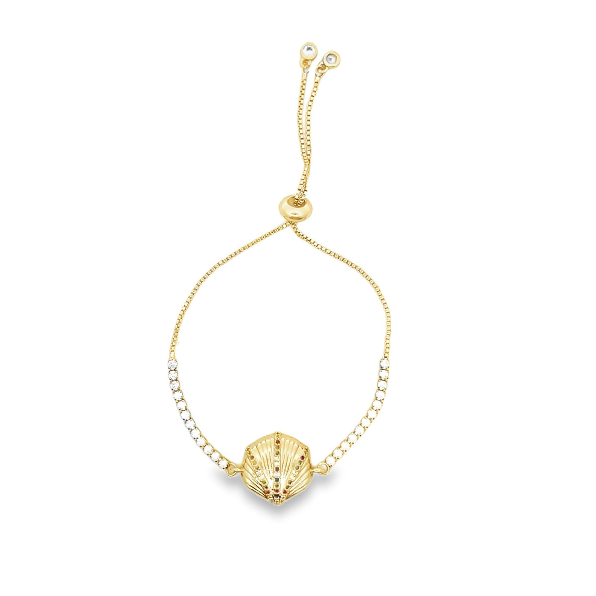 18K Gold Filled Adjustable Box Chain Bracelet With Clear and Multicolor CZ Stones And A Sea Shell Charm (I141)