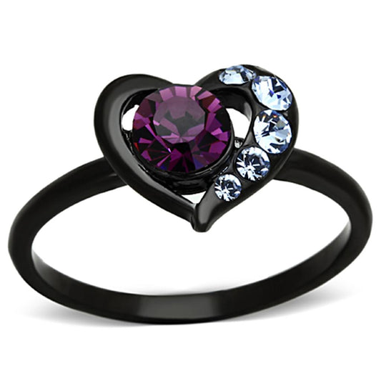 Black(Ion Plating) Stainless Steel Ring with Top Grade Crystal  in Amethyst